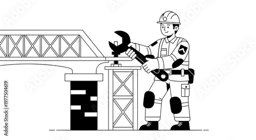 Skilled construction worker wearing hard hat and safety vest, holding large wrench to tighten bolt on bridge support structure, clean line art, monochrome palette, scalable design
