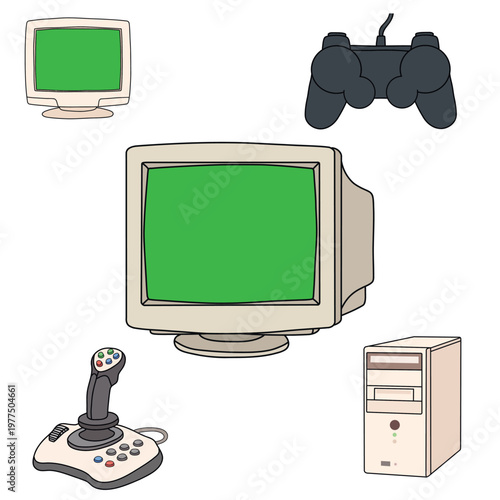 Flat vector set of retro computer equipment including CRT monitor with green screen, joystick, game controller, and desktop tower. Ideal for vintage tech concepts, gaming themes