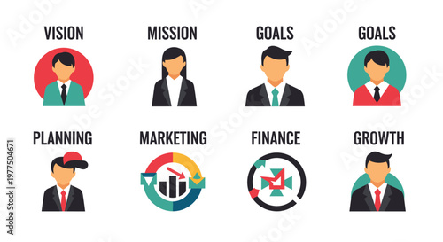Corporate strategy icons depicting vision, mission, goals, planning, marketing, finance, and growth with clean lines and a modern color palette of teal, red, yellow, and black,