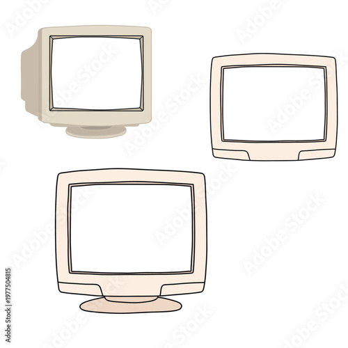 Flat vector set of retro CRT screen frames in multiple angles. Empty vintage display frames ideal for overlays, templates, and editable design elements.