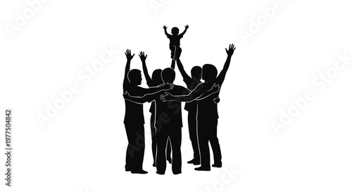 A silhouetted group of people celebrate a victory with one person lifted triumphantly on their shoulders