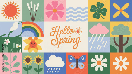 Cheerful spring themed geometric mosaic with flowers, sun, rainbow, butterfly, and tree motifs keywords: spring, hello spring