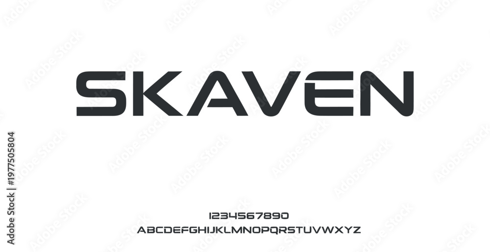 Fototapeta premium A modern font design with the word SKAVEN and numbers and letters on a white background