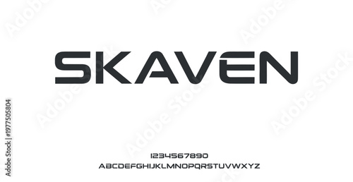 A modern font design with the word SKAVEN and numbers and letters on a white background