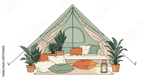 Cozy Camping Haven Illustration: A beautifully illustrated glamping scene inside a tent, designed with pillows, plants, and a lantern, radiating a warm, inviting atmosphere for the perfect getaway.