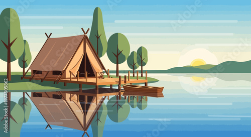 Tranquil Lakeside Camp: A serene illustration showcasing a lakeside campsite, featuring a tent nestled on a wooden platform. The scene evokes a sense of peace and tranquility.
