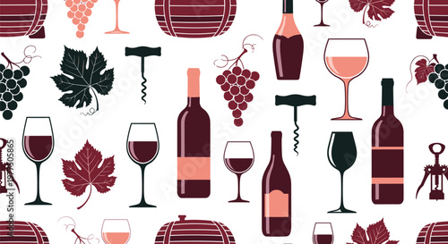 Wine Tasting Seamless Pattern Vector Featuring Red and White Wine Bottles Glasses Grapes Barrels and Corkscrews for Vineyard Branding Restaurant Menus and Winery Event Decorations