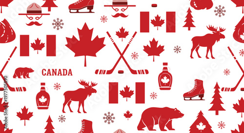 Canada Culture Seamless Pattern Vector with National Symbols Including Maple Leaves Hockey Sticks Moose Grizzly Bears and Mountie Hats for Canadian Travel and Souvenir Designs