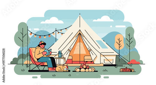 Camping in Serenity: An individual is immersed in the tranquility of nature, finding respite in a charming campsite, reading while a dog watches.