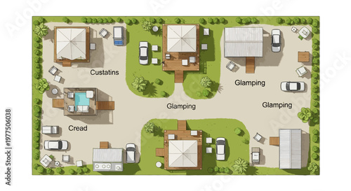 Glamping Site: Aerial view of a glamping site with several glamping structures and cars, offering an inviting layout of accommodations and amenities