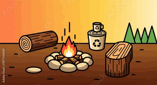 Eco-Friendly Campfire: A stylized campfire scene with a burning fire, a log, a wooden seat and a recycling bin, evoking the essence of a conscious outdoor experience.