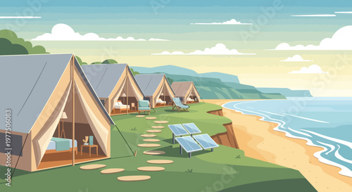Glamping by the Coast: Coastal glamping tents invite a serene getaway along a scenic beach, with eco-friendly solar panels adding a touch of sustainable luxury.