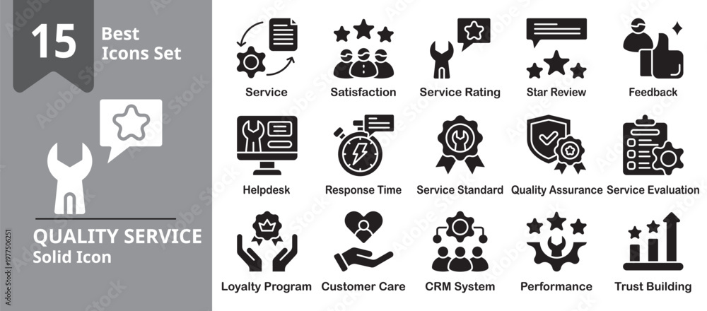 Fototapeta premium Quality Service Icon set. Including quality, service, support, customer, satisfaction, rating and more. Solid vector icons collection. Vector Illustration.