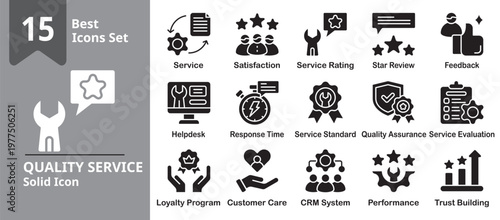 Quality Service Icon set. Including quality, service, support, customer, satisfaction, rating and more. Solid vector icons collection. Vector Illustration.