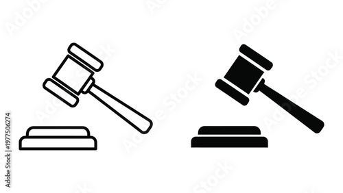 Contrasting judicial gavel icons in different styles and colors