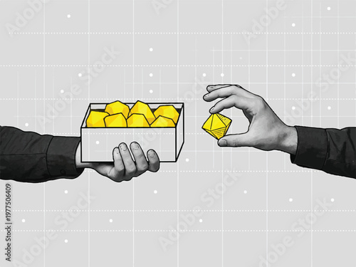 Hands holding and offering a box and a single yellow pyramid on a gray background with a grid pattern