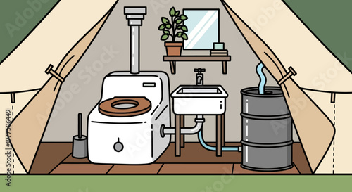 Cozy Camping Comfort: A charming illustration depicts the interior of a glamping tent, complete with a unique bathroom setup featuring a composting toilet and a water tank.