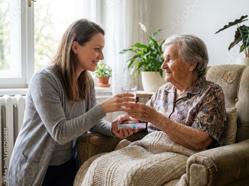 Caring daughter giving water and pills to elderly mother in armchair