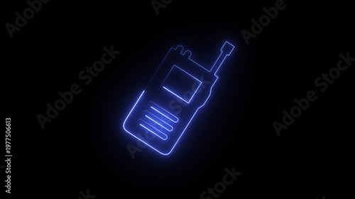 a stylized blue neon walkie-talkie icon. A glowing blue outline of a handheld two-way radio transceiver on a solid black background. 