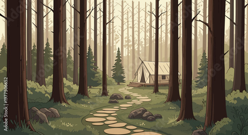 Hidden Woodland Haven: A serene forest scene invites a sense of tranquility, where a stone path winds towards a cozy tent, promising respite and adventure in the heart of nature.