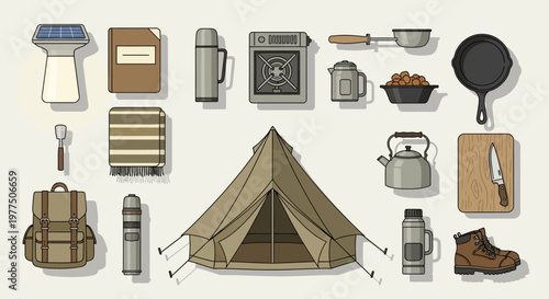 Camping Essentials: An array of outdoor camping gear, including a tent, cooking utensils, and supplies, is neatly arranged, ready for an adventure.