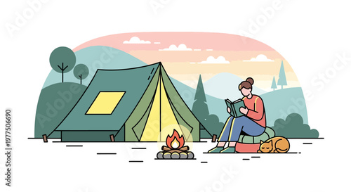 Reading Under the Stars: A serene individual sits outside a tent, immersed in a captivating book, enjoying a cozy campfire against a beautiful background