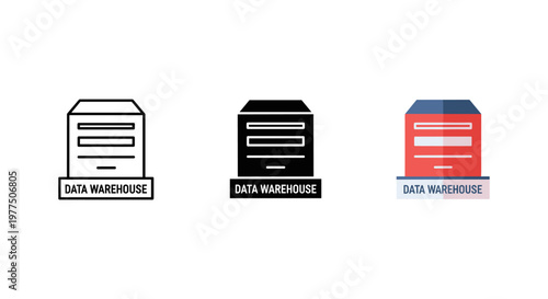 Data warehouse icons in black, white and red color