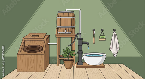 Vintage Water System: A classic water system setup featuring a wooden barrel, pump, washbasin, and other essentials, designed for simple living and self-sufficiency.