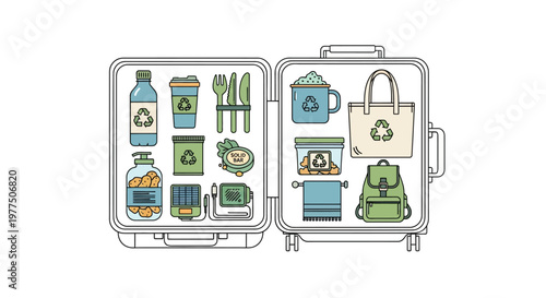 Eco-Friendly Travel Essentials: An open suitcase reveals a curated collection of eco-conscious travel essentials, embodying sustainable living and mindful exploration.