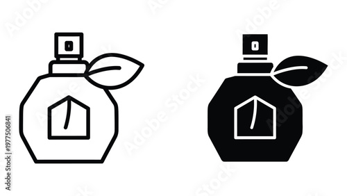 Contrasting perfume bottles with house logo and leaf accents in black and white