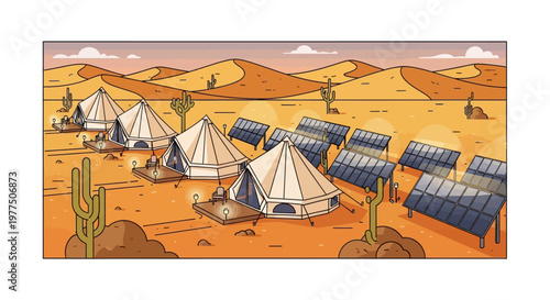 Desert Oasis: Envision a serene desert oasis, where sustainable living meets the tranquility of nature, showcasing solar panels powering comfortable tents.