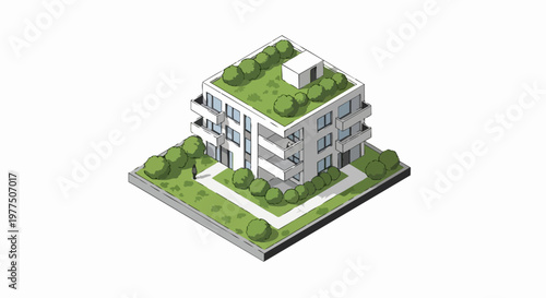 Isometric Modern Eco-Friendly Apartment Building with Green Roof Garden and Sustainable Urban Landscaping Illustration