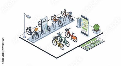 Isometric City Bike Sharing Station with Mobile App Interface for Smart Urban Transport and Sustainable Micro-Mobility