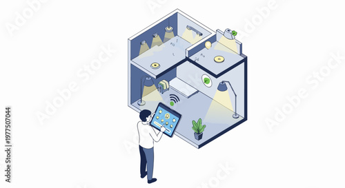 Isometric Smart Home Automation Concept with Man Controlling Energy Efficiency and Lighting via Tablet Application