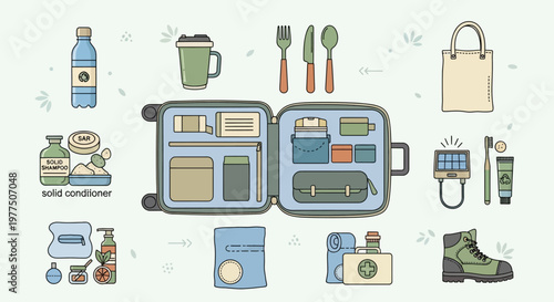 Eco-Friendly Travel Essentials: A meticulously curated illustration showcasing a collection of sustainable travel essentials.