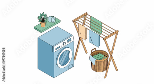 Isometric Laundry Room Illustration with Washing Machine, Drying Rack, and Basket