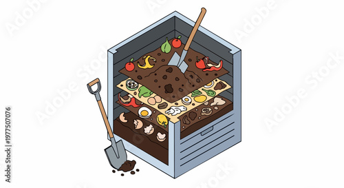 Compost Bin Cross Section Illustration with Organic Waste Layers and Garden Tools for Sustainability Concepts