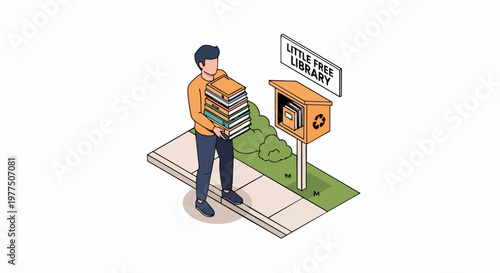 Isometric Vector Illustration of a Man Carrying a Stack of Books to a Little Free Library Box for Community Book Sharing and Donation