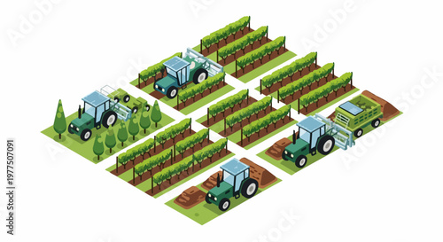 Isometric Smart Farming Concept with Autonomous Solar-Powered Tractors and Vineyard. Precision agriculture illustration showing sustainable harvesting and crop management.