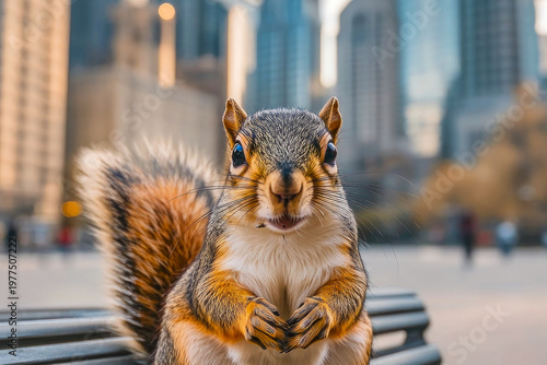 A squirrel sitting on a park bench in the city, offering a unique scene for your image needs