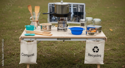 Outdoor Culinary Setup: A well-organized outdoor cooking setup featuring essential cookware and utensils, alongside labeled compost and recycling receptacles.