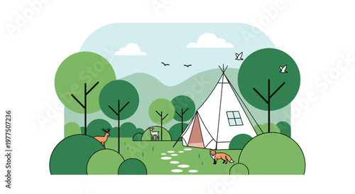 Campground Illustration: A tranquil campground scene with a teepee tent nestled amongst lush trees, under a serene sky with subtle mountain silhouettes.