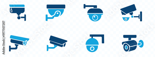 A collection of blue security camera icons displays various styles and mounting positions representing surveillance technology high quality professional detailed modern elegant stylish