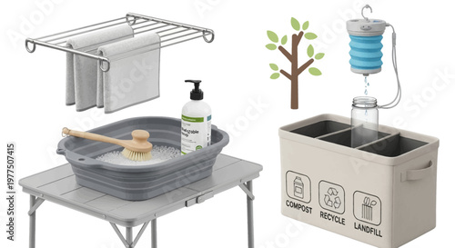 Camping Sanitation Essentials: A meticulously arranged assortment of essential sanitation items tailored for outdoor camping experiences. Featuring a foldable clothesline with towels.