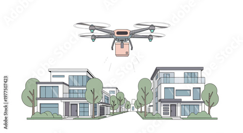 Drone flying over modern suburban homes with trees