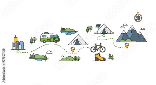Adventure Trail Illustration: An engaging illustration outlines a captivating outdoor journey, featuring diverse landscapes, travel essentials, and symbols of exploration.