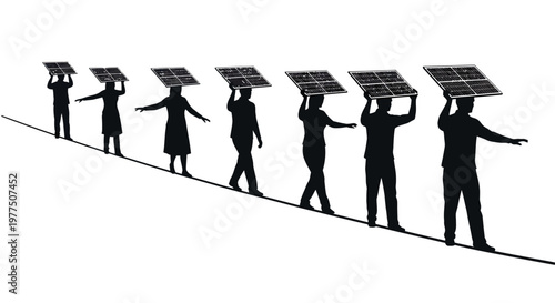 Silhouette of people carrying solar panels up an incline