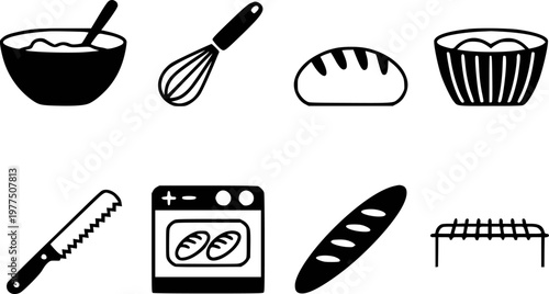 Collection of black and white representing baking tools and bread cooking kitchen