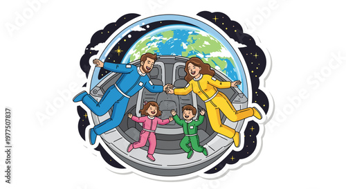 Family in space suits jumping in zero gravity environment