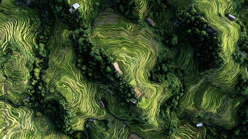 terraced rice fields grouped into pulsing clusters connecting rural homes across terrain + mountainous region with distinct clustered cultivation areas + neutral daylight ensuring visual coherence + a